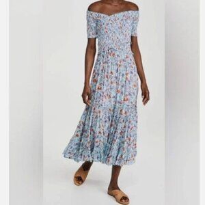 Poupette St. Barth Soledad Smocked Off-Shoulder Midi Dress Blue‎ Size Small NWT